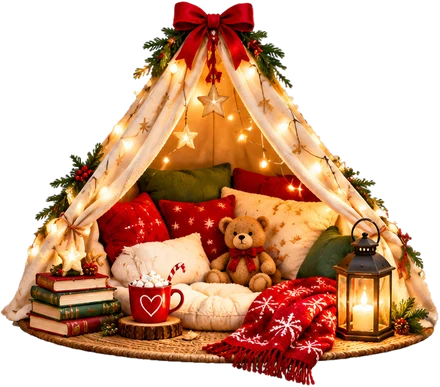 Ein gemütliches Kuschelzelt mit Kissen, Teddy und Lichterkette